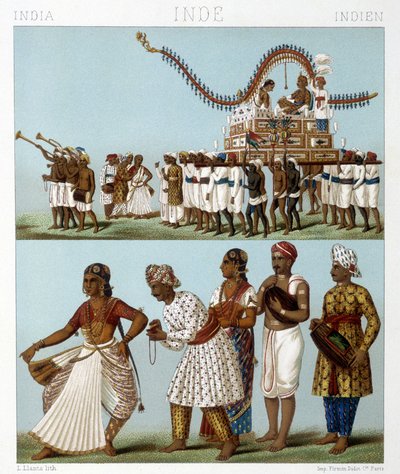 Transport, Musik, Tanz und traditionelle Kostüme Indiens. Illustration in „Le costume historique“ von Racinet von Albert Charles August Racinet