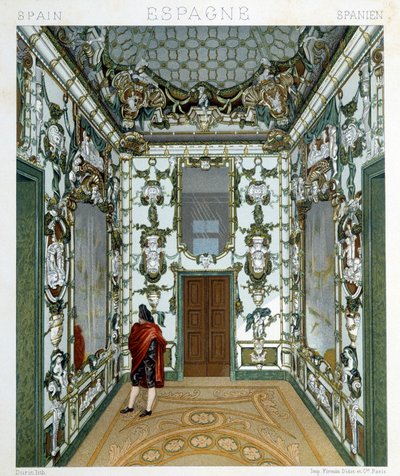 Ansicht eines Mannes im Königspalast von Madrid. Chromolithographische Tafel - in „Le costume historique“ von Racinet von Albert Charles August Racinet