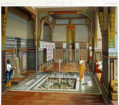 Frau und ihre Dienerin neben einem Brunnen in einem Haus in Kairo (Ägypten). Chromolithographische Platte - in „Le costume historique“ von Racinet von Albert Charles August Racinet
