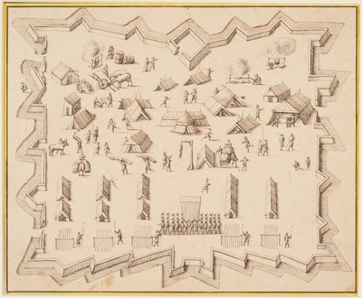 Vogelperspektive eines Militärlagers mit Befestigungen von Albert Flamen