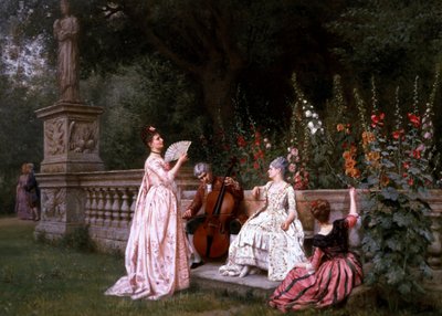 Gespräch im Garten. Drei Frauen in der Nähe einer Balustrade hören der Musik eines Cellisten zu, während im Hintergrund ein Paar miteinander spricht (Verführung). Sammlung Privée von Albert Girard