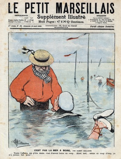 Kleine komische Szene, die eine Dame zeigt, die unter den Augen eines anderen Schwimmers, eines Trinkliebhabers, schwimmen lernt. Illustration von Albert Guillaume aus „Le petit Marseillais“ 24/08/1902 von Albert Guillaume