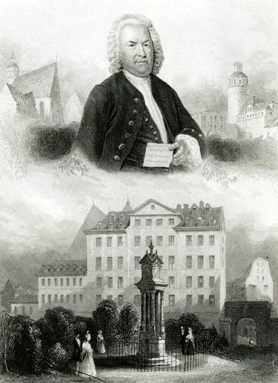 Porträt von Johann Sebastian Bach (1685-1750) und Denkmal von Albert Henry Payne