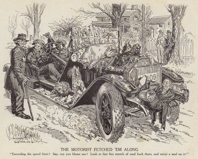 Karikatur, die einen Mann verspottet, der sein Auto über die Geschwindigkeitsbegrenzung hinaus fährt (Lithografie) von Albert Levering