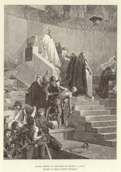 Sciarra Colonna und Guillaume de Nogaret konfrontieren Papst Bonifatius VIII. in Anagni, Italien von Albert Pierre Rene Maignan