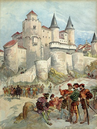 Ein Gefangener, Franz I. war bis 1526 in einem Turm des Alcazar in Madrid eingesperrt von Albert Robida