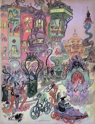 Vorausschau auf den modernen Stil von Paris durch den Designer Albert Robida. In dieser schönen Zeichnung sehen wir Robidas Einfluss auf die Schöpfer von Comics aus den Jahren 1960-1980, insbesondere Fred (Othon Aristides, „Abenteuer von Philemon“) und For von Albert Robida