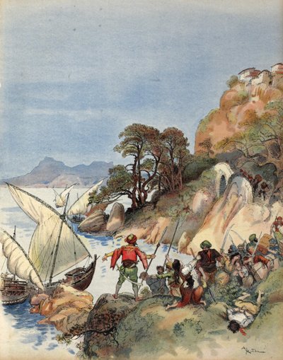 Barbareskenpiraten terrorisieren die Mittelmeerküste und entführen die Einwohner, um sie als Sklaven zu verkaufen, Illustration aus 