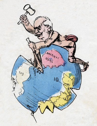 Ferdinand de Lesseps (1805-1894), französischer Diplomat und Administrator, Bildhauer und Dekorateur der Kontinente. Karikatur von Robida von Albert Robida