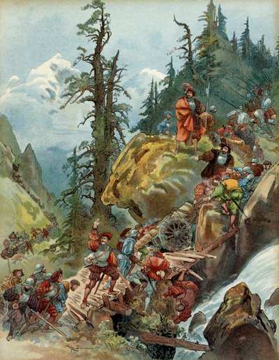Fünfter Italienischer Krieg (1515-1516): der Übergang über die Alpen im August 1515 durch den Larche-Pass der Armee von Franz I. auf dem Weg nach Italien (Illustration) von Albert Robida