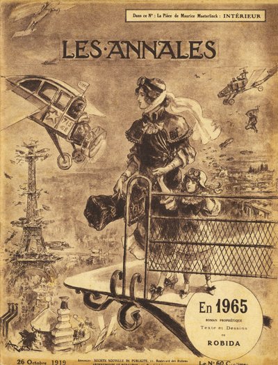 Erste Veröffentlichung des prophetischen Zukunftsromans „En 1965“ von Albert Robida (1848-1926) im Jahr 1919 in der Zeitschrift „Annales Politiques et Littéraires“ - Paris leidet unter Verkehrsstaus... im Himmel! Selbstfliegende und Taxi-Flugzeuge von Albert Robida