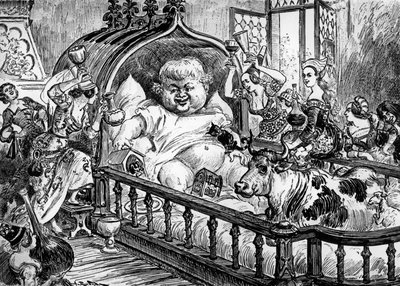 Grandes et inestimables chroniques du grand et enorme geant Gargantua, anonyme Arbeit, die Francois Rabelais für "Pantagruel" inspirierte, Gravur von Albert Robida: hier Gargantua als Baby von Albert Robida