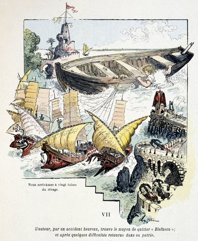 Gulliver und sein gigantisches Boot im Hafen der Lilliputaner (in „Gullivers Reisen“ von Jonathan Swift (1721), illustriert von Robida) von Albert Robida