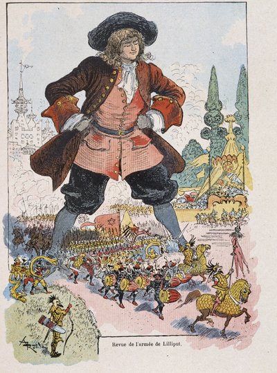 Gulliver bei der Lilliput-Armeeparade - in „Gullivers Reisen“ von Swift, ill. von Robida von Albert Robida