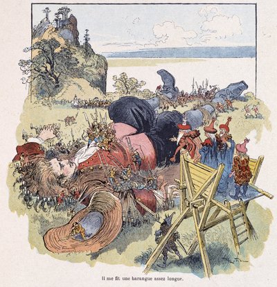 Gulliver von den Lilliputanern gefesselt - in „Gullivers Reisen“ von Swift, ill. von Robida von Albert Robida