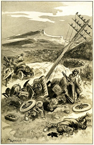 Illustration von Albert Robida (1848-1926) für Leon Berthaults Buch „Le record du tour du monde“, Mame-Ausgabe Anfang des 20. Jahrhunderts (1911) - ein Verkehrsunfall um 1900: Auto hat einen Telegrafenmast getroffen. Passagiere werden herausgeschleudert un von Albert Robida