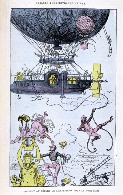 Zwischenfall beim Aufbruch der Expedition zum Nordpol (Aerostat und verrückte Szenen), Parodie von Jules Verne, „Sehr außergewöhnliche Reisen von Saturnin Farandoul in 5 oder 6 Teile der Welt und in alle bekannten oder unbekannten Länder von Herrn Jules Ve von Albert Robida
