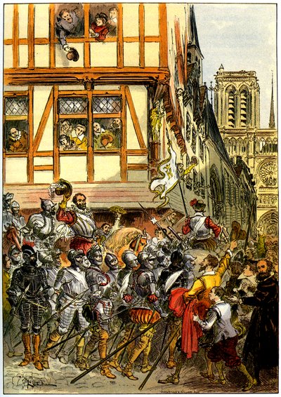 König Heinrich IV. von Frankreich wird von der Menge bejubelt, als er nach der Kapitulation von Paris am 22. März in Notre-Dame ankommt von Albert Robida