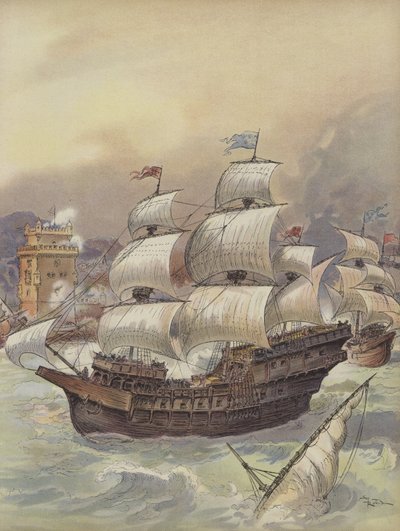 Die Flotte von Jean Ango blockiert den Tejo und bedroht Lissabon von Albert Robida