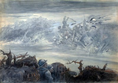 Der Kampf der Schatten: Poilus in einem Graben, die einen Angriff von geisterhaften Soldaten vorstellen von Albert Robida