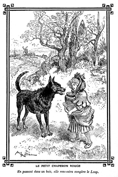 Rotkäppchen, mit seinem Kuchen und Buttertopf, trifft den Wolf. Zeichnung von Albert Robida (1848-1926) in einem Kinderlesebuch 1920-1930 von Albert Robida