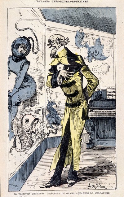 Herr Valentin Croknuff, Direktor des großen Aquariums von Melbourne, Parodie von Jules Verne, „Sehr außergewöhnliche Reisen von Saturnin Farandoul in 5 oder 6 Teile der Welt und in alle bekannten oder unbekannten Länder von Herrn Jules Verne“ von Robida, P von Albert Robida