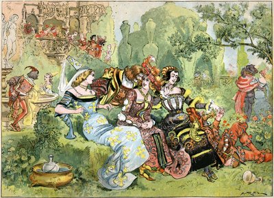Szene aus „Gargantua“, Illustration von Robida für die Gesamtausgabe von Francois Rabelais, veröffentlicht von der Librairie Illustree, 1885 von Albert Robida