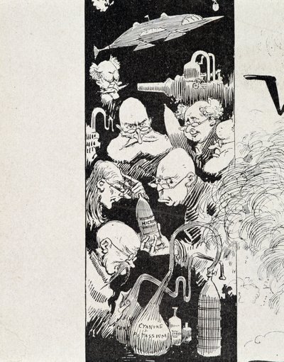 Sieben Wissenschaftler mit ihrer Erfindung. In „Krieg im 20. Jahrhundert“ von A. Robida von Albert Robida