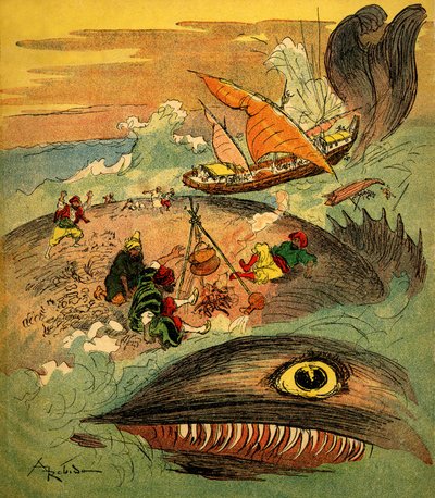 Sindbad der Seefahrer - Märchen aus Tausendundeiner Nacht - Buch von 1948 erzählt seine Abenteuer (Fortin-Ausgabe, Sammlung Wunderbare Kindheitsbilder) - Illustration von Albert Robida: Sindbad und seine Gefährten sind gescheitert von Albert Robida