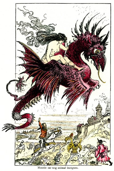 Succubus: weiblicher Dämon (Frau - weiblich) reitet auf einem Drachen - Illustration von Albert Robida für die Drolatischen Geschichten von Honoré de Balzac - Anfang des 20. Jahrhunderts von Albert Robida