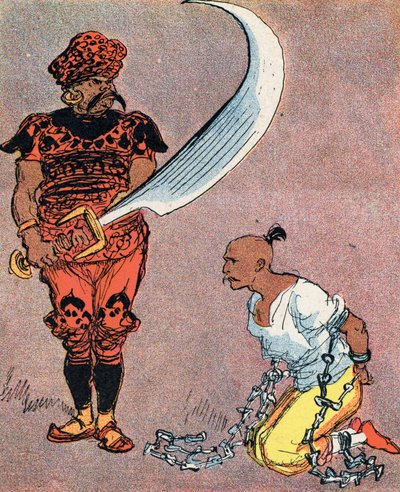 Der Sultan befiehlt, Aladins Kopf abzuschlagen Illustration von Albert Robida für das Märchen „Aladin und die Wunderlampe“ in „Tausendundeine Nacht“ von Albert Robida