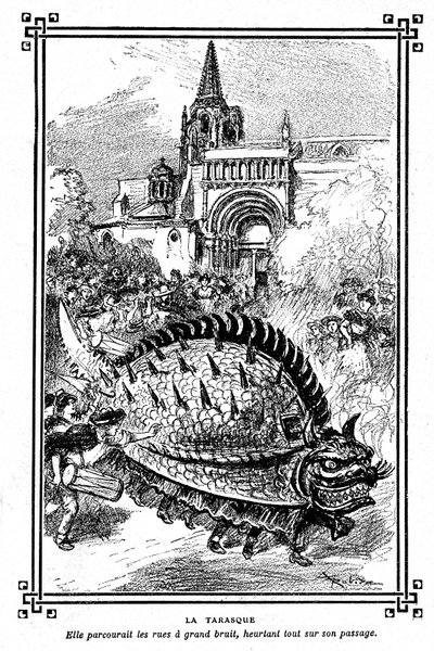 Tarasque von Tarascon, fabelhaftes Monster der Folklore der Provence: Illustration von Albert Robida aus dem Schulbuch „Choice of readings“ von A. Mironneau, Librairie Armand Colin 1911 von Albert Robida