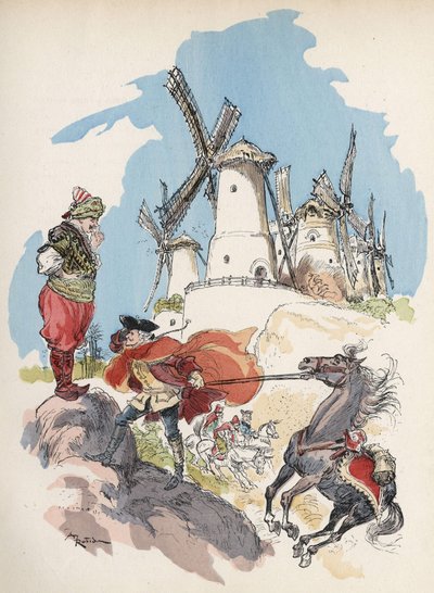 Der Baron von Münchhausen, gerade die ägyptische Grenze überschritten, wird von einem Sturm erfasst, der von einer großen Figur ausgelöst wird, um die 7 Mühlen zu betreiben. „Illustration von Albert Robida - in „Geschichte und Abenteuer des Barons von Münc von Albert Robida