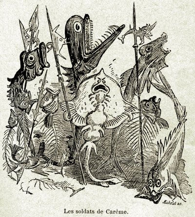 Die Armee von Quaresmeprenant. Soldaten sind als Fische dargestellt, von denen einige nur die Gräten haben, in Anspielung auf Caremes mageres (junges) Mahl. Illustration von Albert Robida (1848-1926) für eine Episode des Vierten Buches von Francois Rabelai von Albert Robida