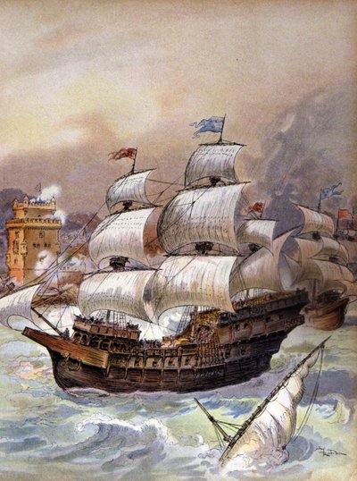 Die Flotte von Jean Ango blockiert den Tejo und bedroht Lissabon, um 1909 (Illustration) von Albert Robida