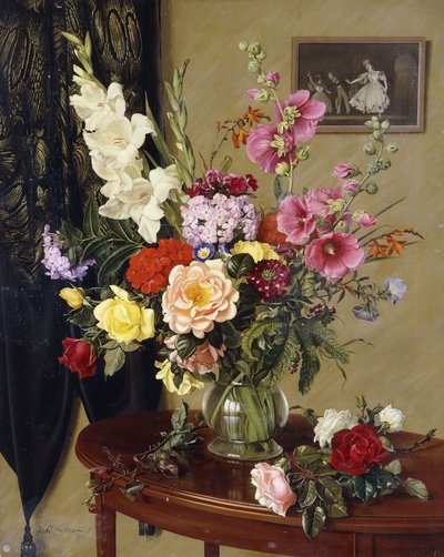 Stillleben mit Gladiolen, Rosen und Stockrosen vor einem bestickten Vorhang von Albert Williams