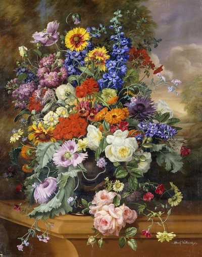 Stillleben mit Rosen, Rittersporn, Mohn und Ringelblumen auf einem Sims von Albert Williams
