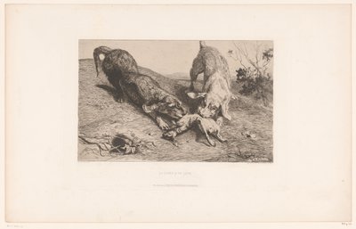 Zwei Dackel zerreißen ein Kaninchen von Albert de Balleroy