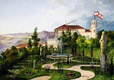 Außenansicht mit Garten, südwestlich der Villa Lazzarovic Triest, Residenz von Maximilian von Habsburg (1832-1867) von Alberto Prosdocini or Prosdocimi