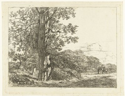 Landschaft mit großer Buche und Reiter im Gespräch mit einem Mann von Albertus Brondgeest