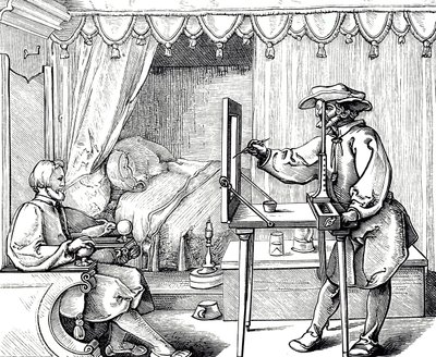 Holzschnittgravur, die einen Künstler zeigt, der ein Zeichenhilfsmittel verwendet, um die Proportionen eines Porträts korrekt zu erfassen. Gravur von Albrecht Dürer (1471-1528) von Albrecht (after) Durer or Duerer