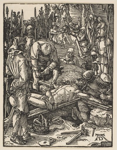 Christus ans Kreuz genagelt, aus "Die kleine Passion" von Albrecht Dürer
