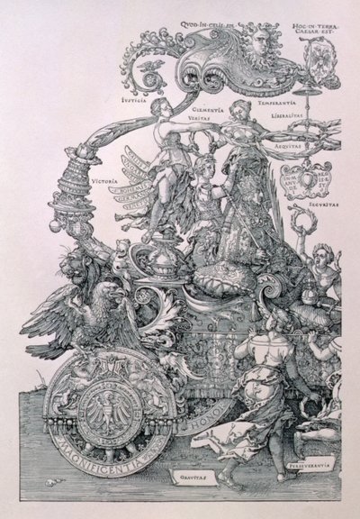Entwurf für den Großen Triumphwagen von Kaiser Maximilian I.: Detail, das die Tugenden zeigt, die dem Kaiser einen Kranz auf den Kopf setzen, geplant von Willibald Pirckheimer, veröffentlicht ca. 1518 von Albrecht Dürer