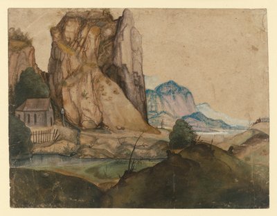 Hügelige Landschaft mit einer Kapelle unter hohen Felsen von Albrecht Dürer