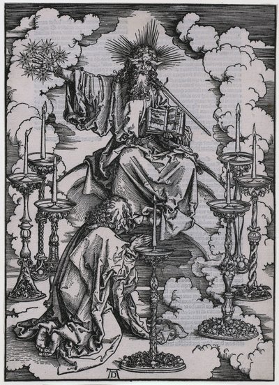 Johannes erblickt die sieben Leuchter, I. Figur, Blatt 3 der Folge "Die Apokalypse" von Albrecht Dürer