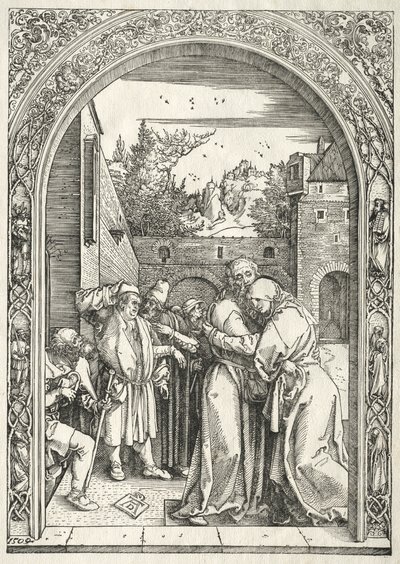 Leben der Jungfrau: Joachim und Anna umarmen sich unter dem Goldenen Tor von Albrecht Dürer