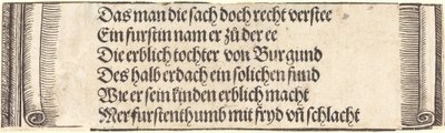 Gedruckter Text für "Die Verlobung von Maximilian mit Maria von Burgund" von Albrecht Dürer