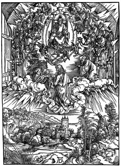 Szene aus der Apokalypse, St. Johannes vor Gott dem Vater und den vierundzwanzig Ältesten, 1498, 1936 von Albrecht Dürer