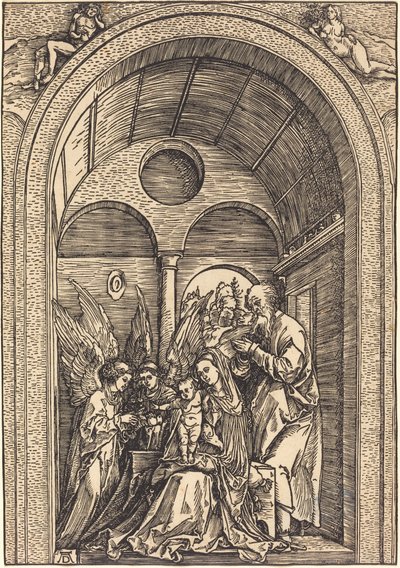Die Heilige Familie mit zwei Engeln in einer gewölbten Halle von Albrecht Dürer