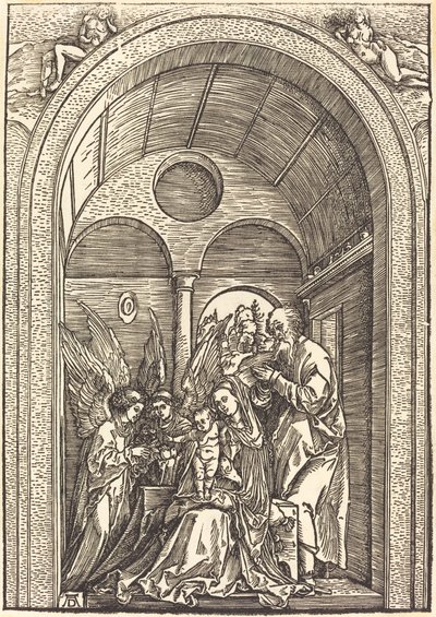 Die Heilige Familie mit zwei Engeln in einer gewölbten Halle von Albrecht Dürer